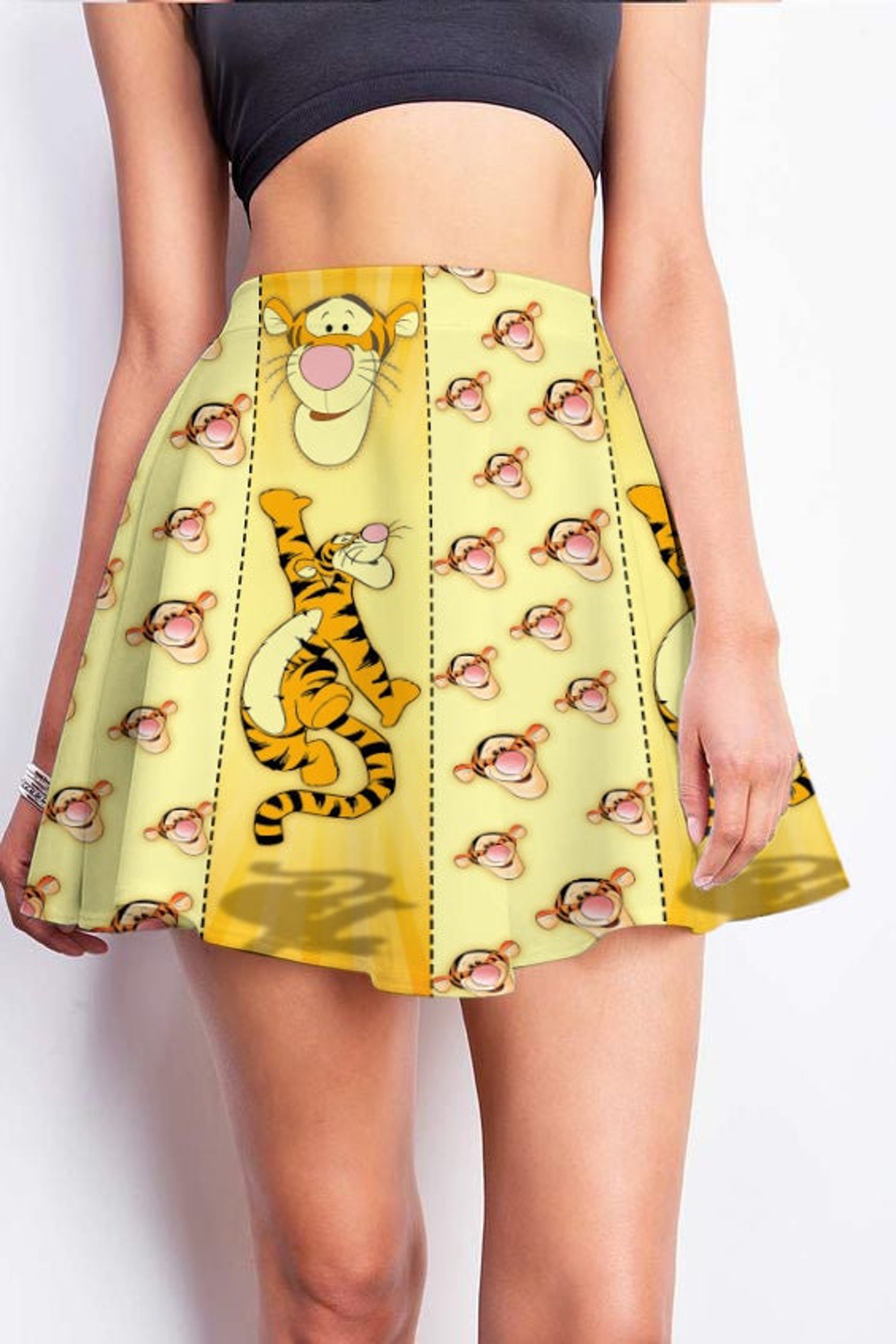 Yellow Tigger Head Winnie The Pooh Pattern Disney Summer Vacation Outfits High Waisted Skater Circle Flowy Skirt Dress Clothes Women Girls