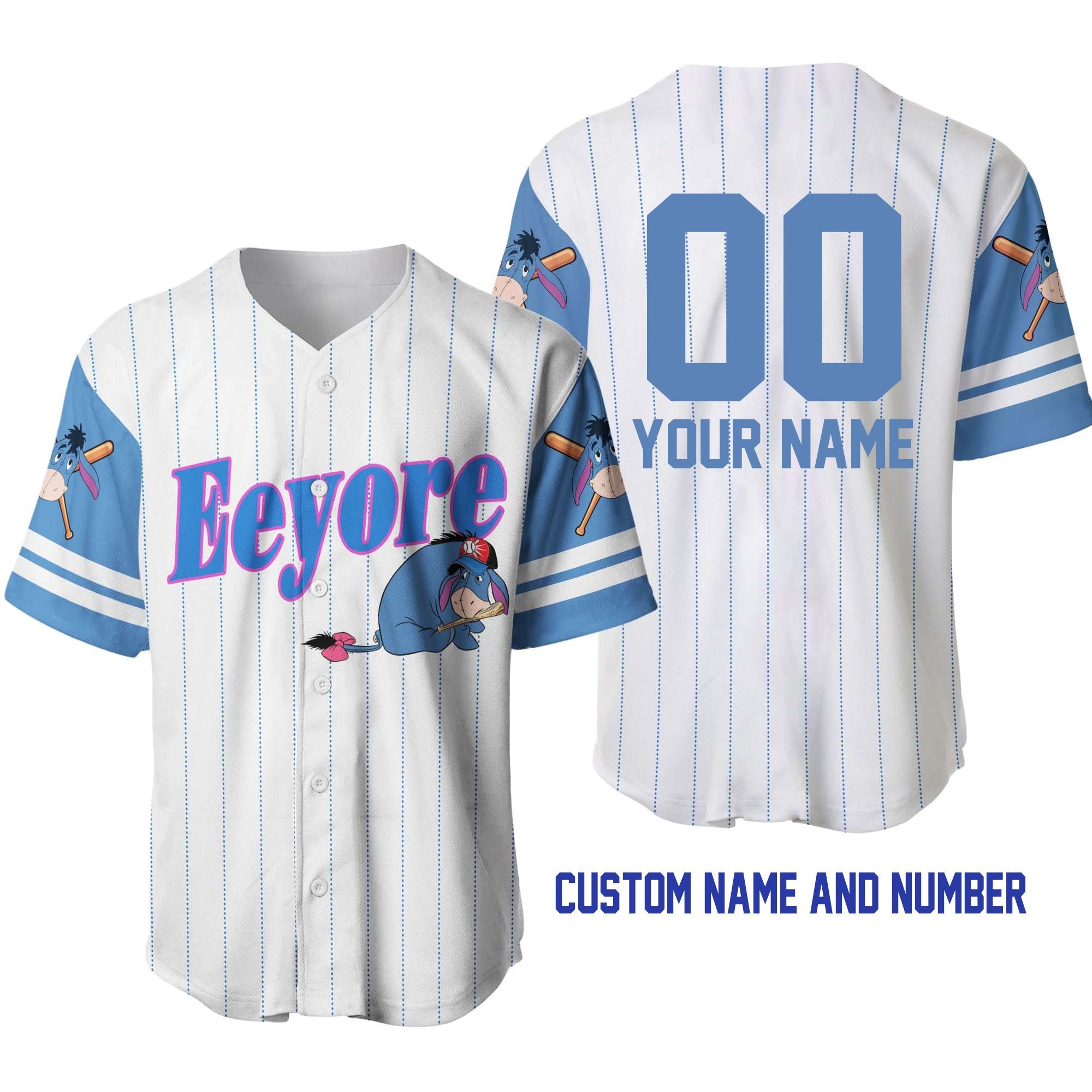 Discover Eeyore Donkey White Blue Disney Unisex Cartoon Graphic Casual Outfits Custom Baseball Jersey