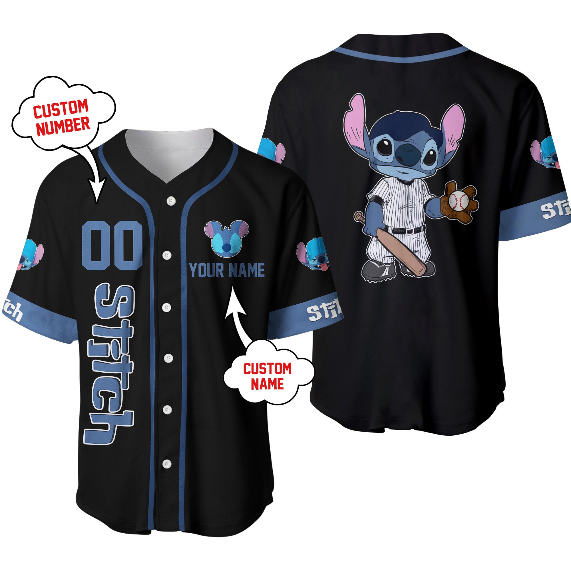 Stitch Blue Black Disney Custom Baseball Jersey