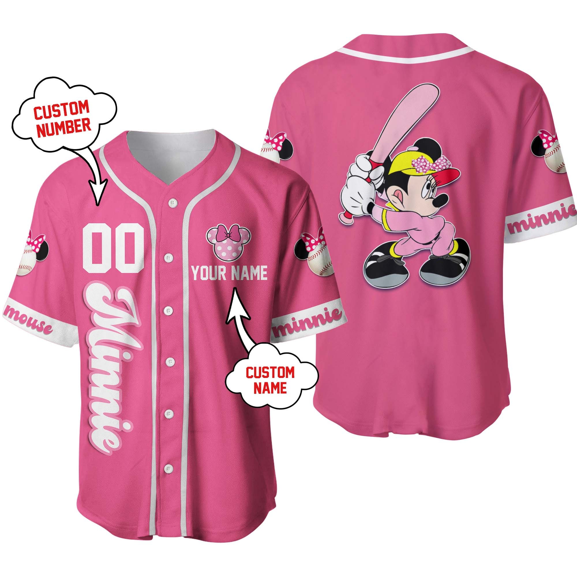 Discover Minnie Mouse White Pink Disney Unisex Cartoon Graphic Casual Outfits Custom Baseball Jersey