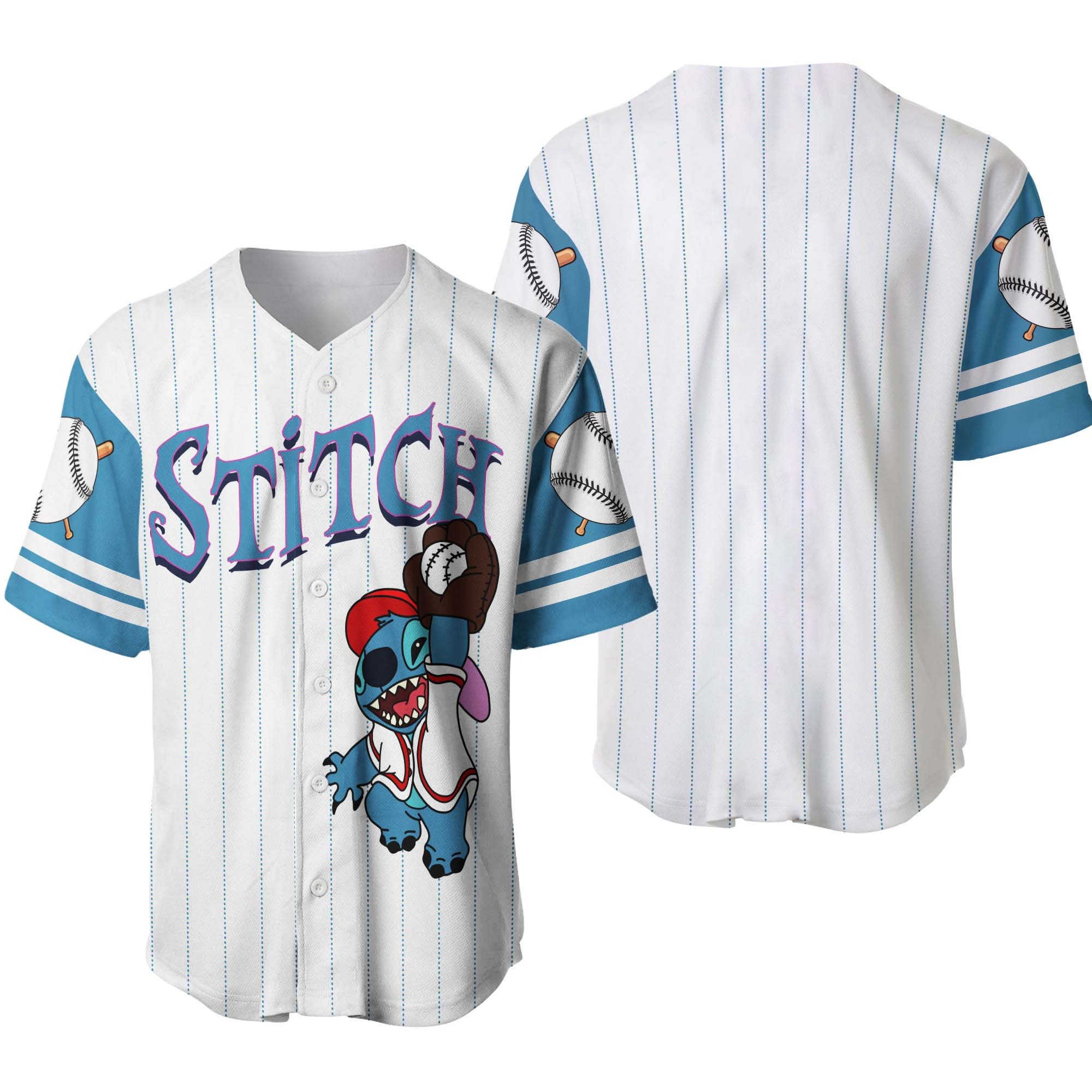 Stitch White Blue Disney Unisex Cartoon Graphic Casual Outfits Custom Baseball Jersey