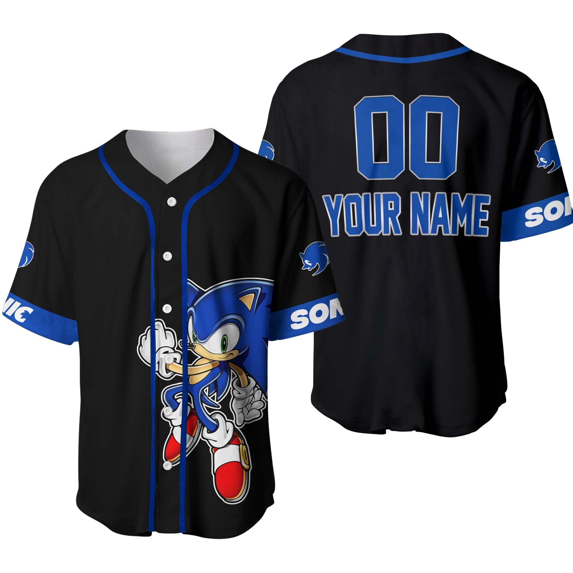 Giant Sonic Hedgehog Black Blue | Disney Unisex Cartoon Graphic Casual Custom Baseball Jersey