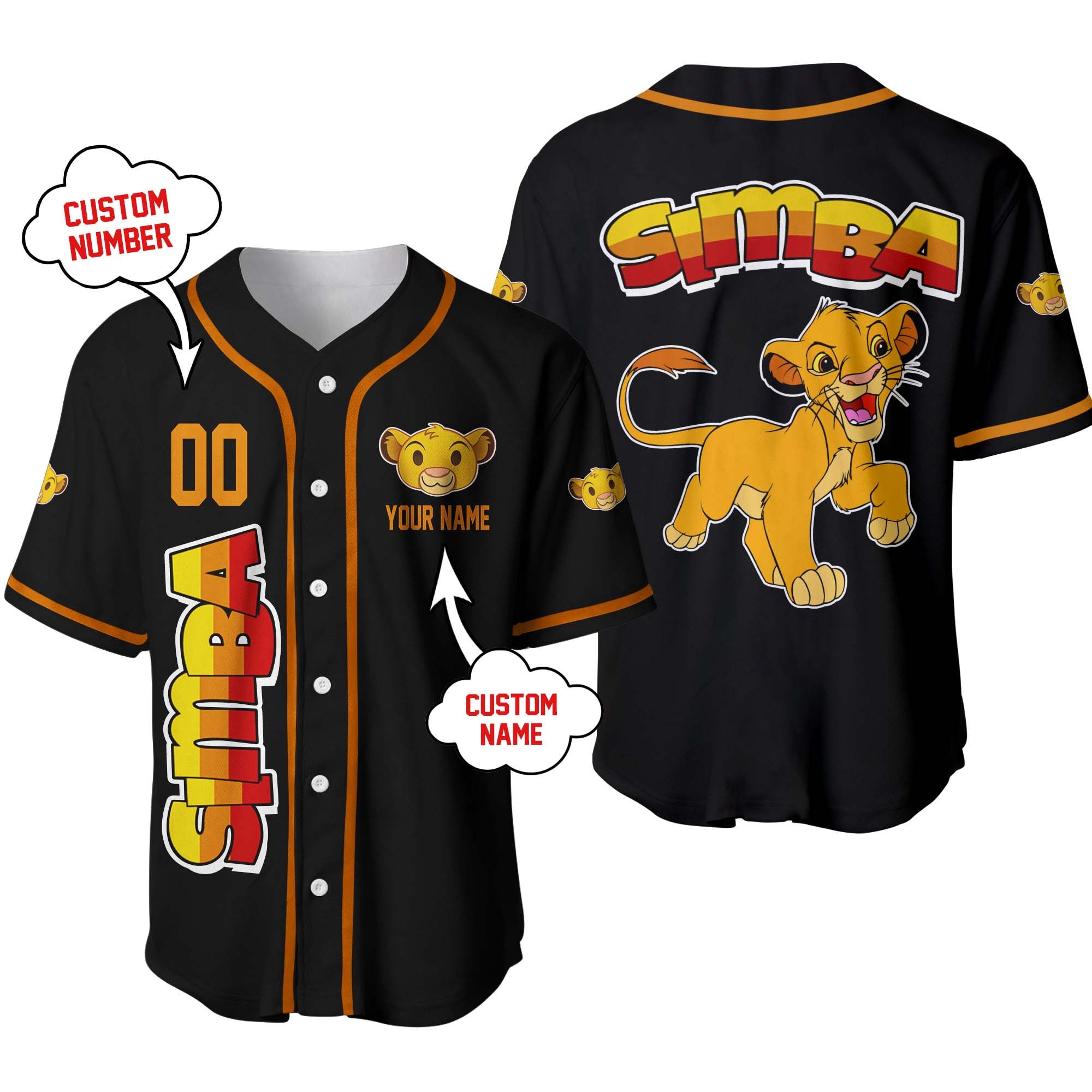 Discover Simba Lion King Black Yellow Red Ombre Disney Unisex Cartoon Graphic Casual Custom Baseball Jersey