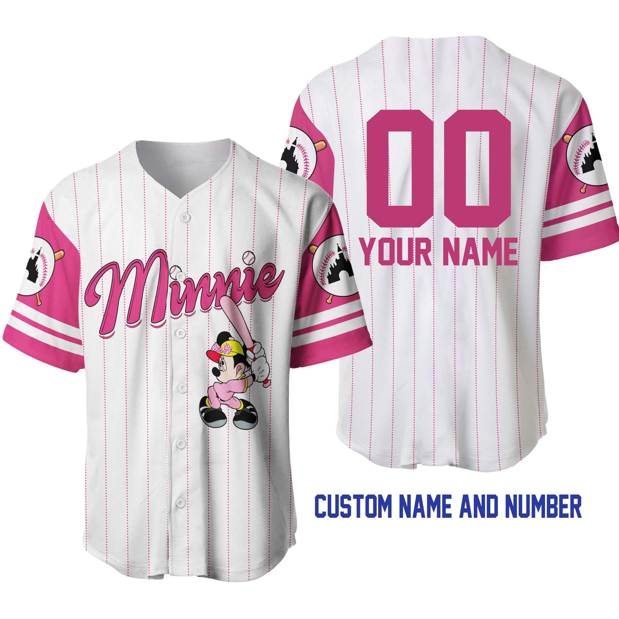 Minnie Mouse White Pink Disney Unisex Cartoon Graphic Casual Outfits Custom Baseball Jersey