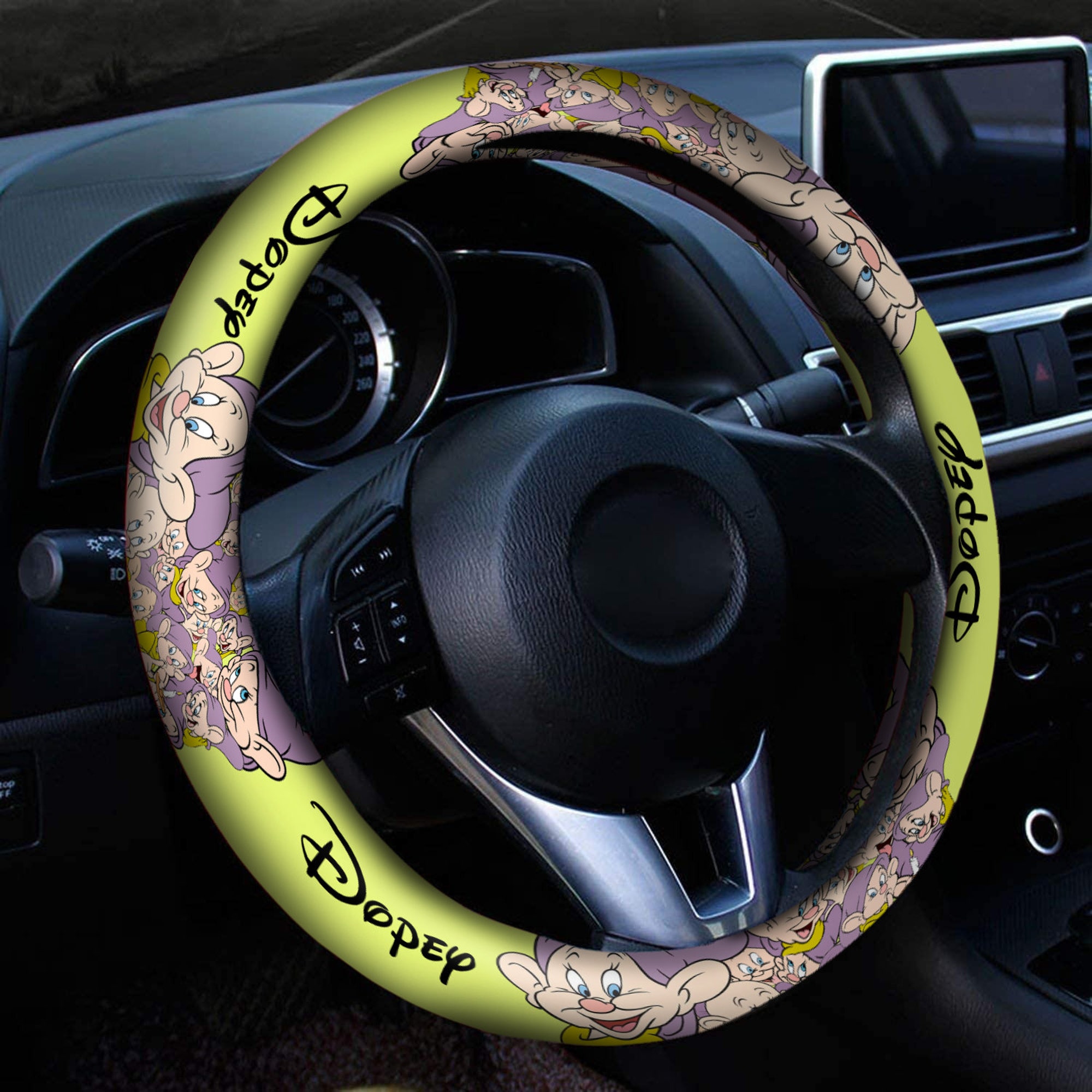 Dopey Purple Green Beige Steering Wheel Cover