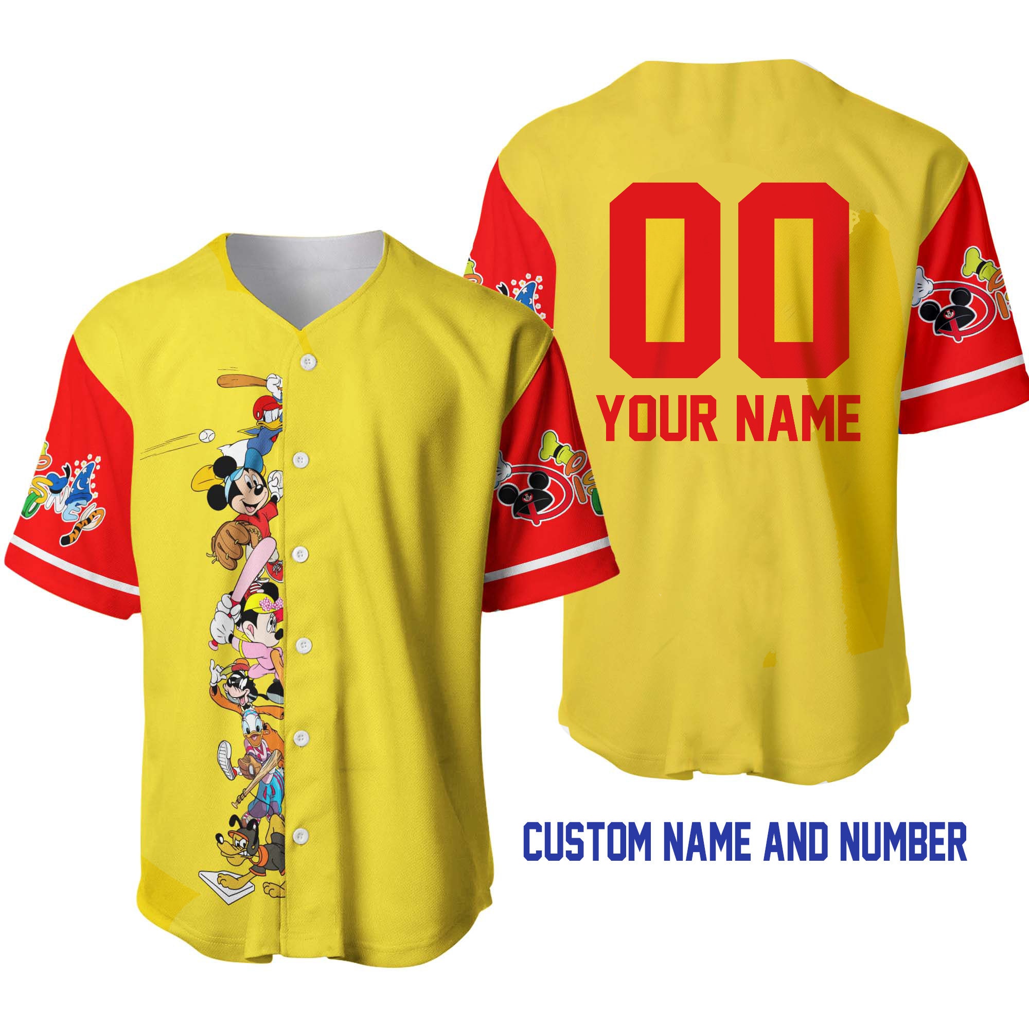 Discover Mickey Minnie & Friends Yellow Red Disney Unisex Cartoon Graphic Casual Outfits Custom Baseball Jersey