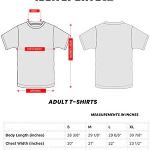 May include: Size chart for adult t-shirts with measurements in inches for neck opening, body length, chest width, and bottom opening relaxed.