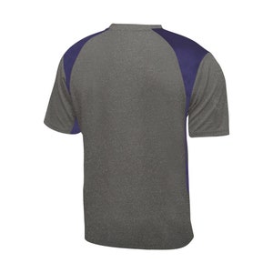 May include: A gray and purple short-sleeved t-shirt with a heather gray body and purple color-blocked sleeves.