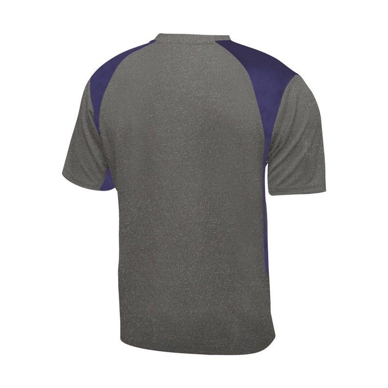 May include: A gray and purple short-sleeved t-shirt with a heather gray body and purple color-blocked sleeves.