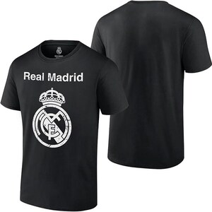 Puede incluir: Camiseta negra con un logotipo blanco desgastado del Real Madrid y el texto "Real Madrid" impreso en la parte delantera.