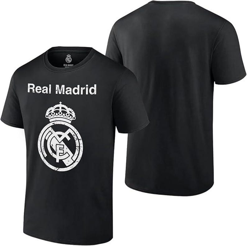 Puede incluir: Camiseta negra con un logotipo blanco desgastado del Real Madrid y el texto "Real Madrid" impreso en la parte delantera.