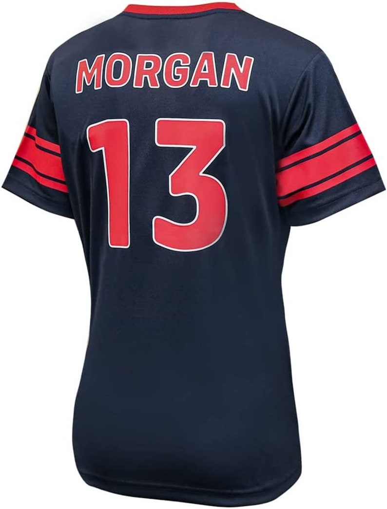 May include: A navy blue jersey with red accents and the name "MORGAN" and the number "13" on the back.