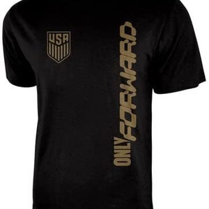 May include: Black t-shirt with a gold graphic of the USA flag and the text "ONLY FORWARD" on the right side.