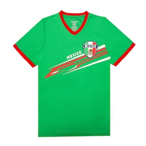 May include: Green football shirt with red and white trim. The shirt has a white and red diagonal stripe with the word "MEXICO" in white and a crest with the Mexican flag and the word "MEXICO" in blue.