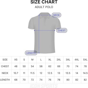 May include: Size chart for adult polo shirts. The chart shows measurements for chest, neck, and length in inches for sizes XS to 5XL.