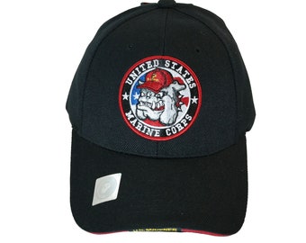 May include: Black baseball cap with an embroidered patch featuring a bulldog wearing a red, white, and blue American flag bandana. The patch reads "United States Marine Corps".