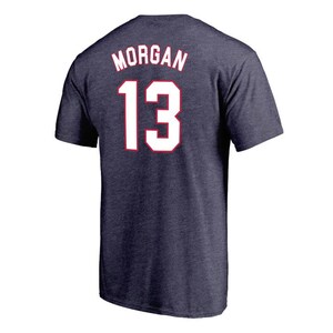Puede incluir: Una camiseta azul marino con el nombre "MORGAN" y el n&uacute;mero "13" impresos en la espalda en blanco con contornos rojos.