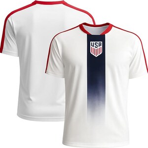 May include: White athletic shirt with red trim on the collar and sleeves. The front features a navy blue vertical stripe with a gradient effect and the USA emblem. The back of the shirt is plain white.