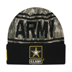 May include: Black and green camouflage knit beanie with the word "ARMY" in black lettering and a black and yellow U.S. Army logo.
