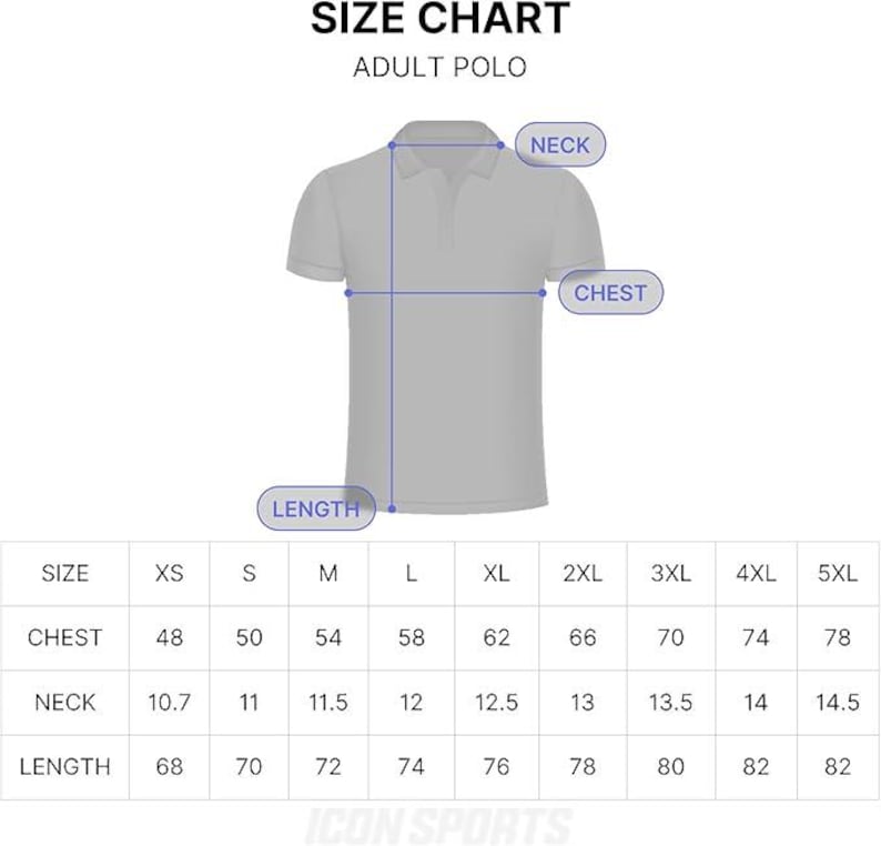 May include: Size chart for adult polo shirts. The chart shows measurements for chest, neck, and length in inches for sizes XS to 5XL.
