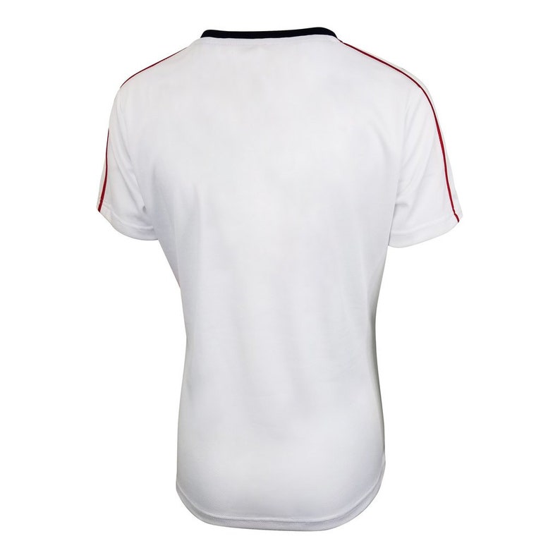 May include: White short-sleeved t-shirt with red and navy blue trim around the neck and sleeves.
