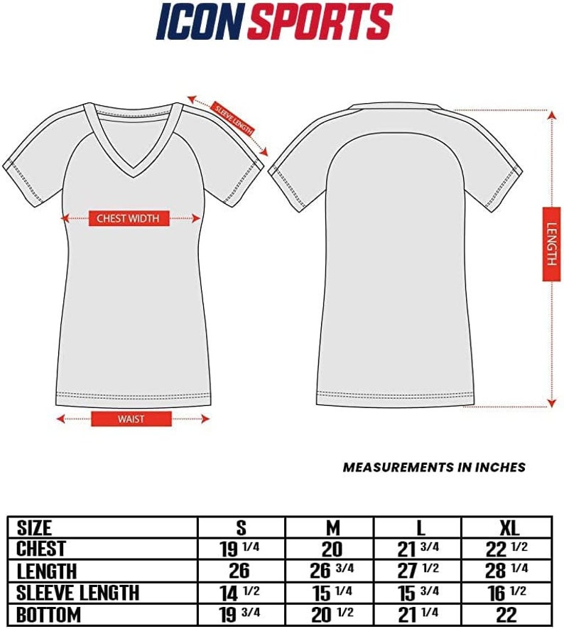 Puede incluir: Tabla de tallas para una camiseta de mujer con medidas en pulgadas para el pecho, la longitud, la longitud de la manga y el fondo. Las tallas incluyen S, M, L y XL.