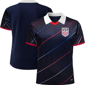 May include: Navy blue soccer jersey with a white collar and red accents. The jersey features diagonal red, white, and blue stripes and a USA crest on the chest. The back of the jersey is solid navy blue.