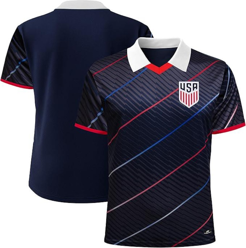 May include: Navy blue soccer jersey with a white collar and red accents. The jersey features diagonal red, white, and blue stripes and a USA crest on the chest. The back of the jersey is solid navy blue.