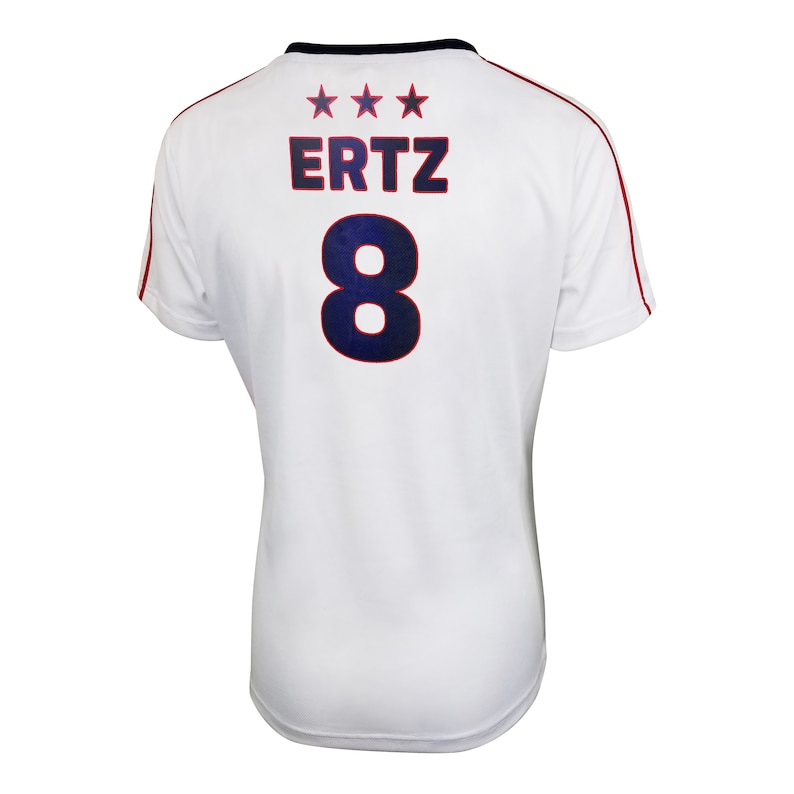 May include: White soccer jersey with red trim and blue lettering. The back of the jersey has the name "ERTZ" and the number "8" printed on it. There are three stars above the name.