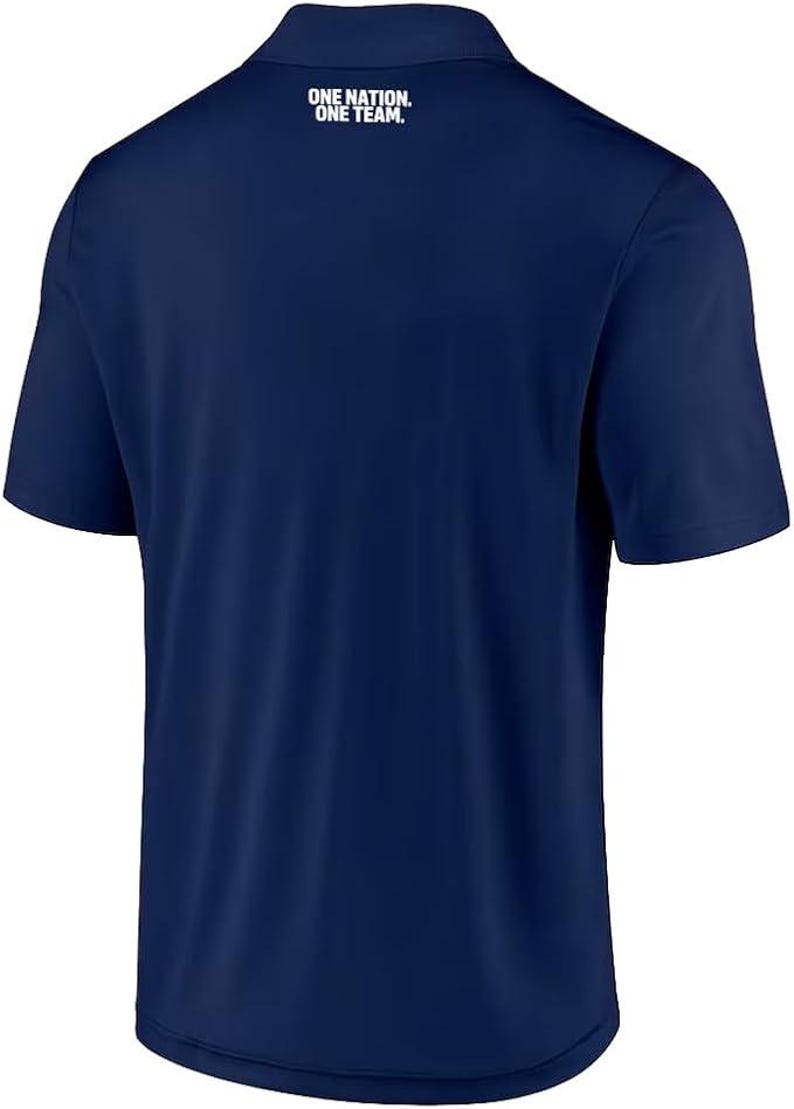 May include: A navy blue polo shirt with short sleeves and a white embroidered logo on the back that reads "ONE NATION. ONE TEAM."