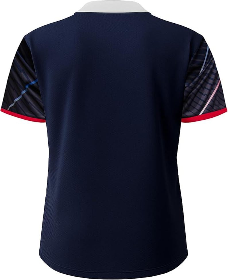 May include: Navy blue athletic shirt with a white collar and red trim on the sleeves. The sleeves have a black and gray pattern with blue and pink accents. The shirt is made of a breathable, textured fabric.