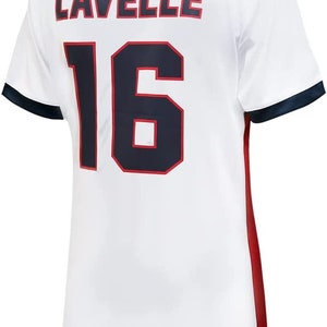 May include: White jersey with a navy blue and red trim. The back of the jersey has the name "LAVELLE" and the number "16" in navy blue with a red outline.