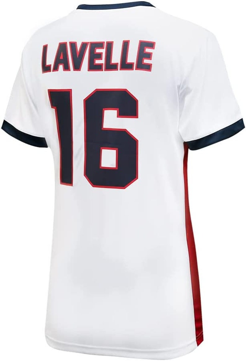 May include: White jersey with a navy blue and red trim. The back of the jersey has the name "LAVELLE" and the number "16" in navy blue with a red outline.