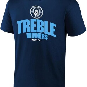 Icon Sports Officially Licensed Manchester City 2023 Treble Winners Adult Champions T-Shirts Navy Name and Number