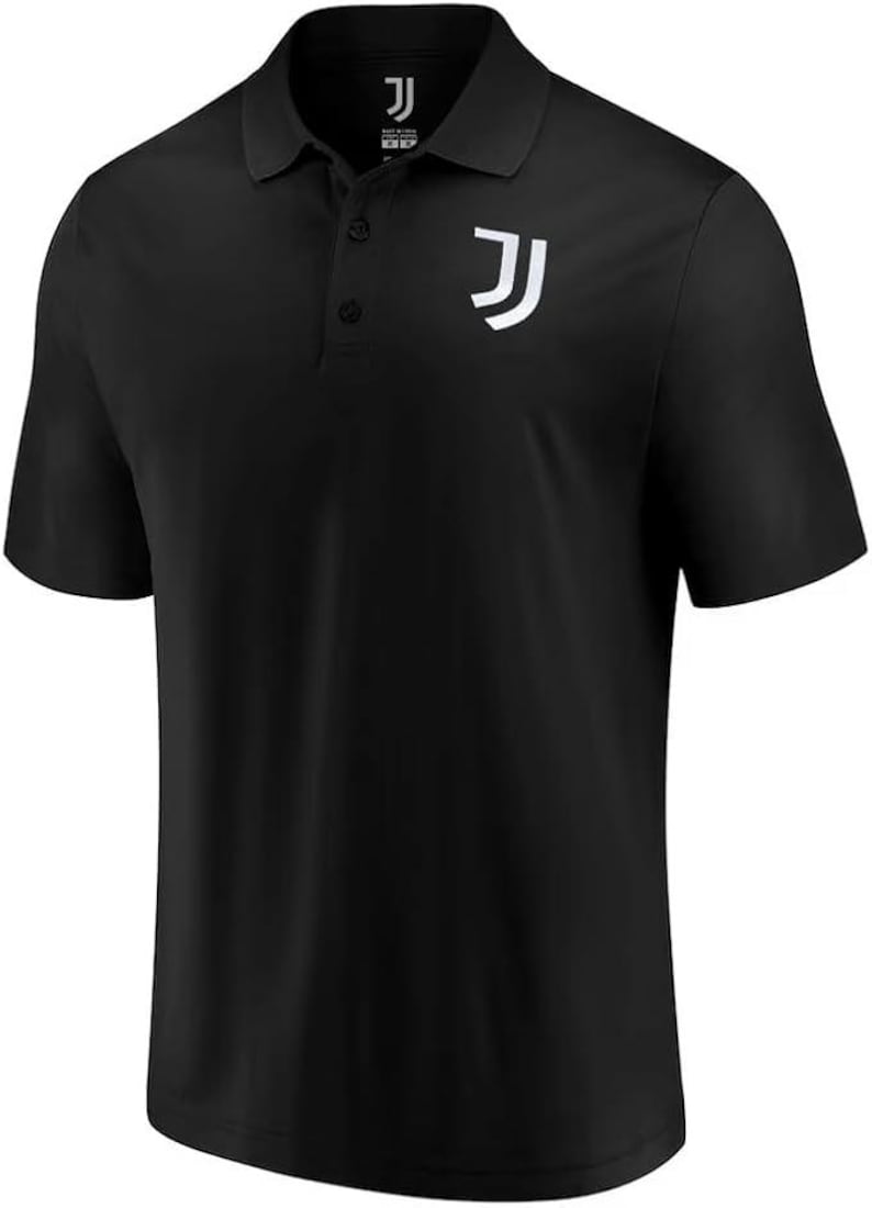 May include: Black polo shirt with a white Juventus logo on the chest.