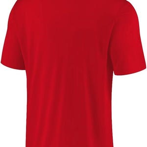 May include: A bright red short-sleeved polo shirt featuring a collar and a button placket. The upper back area displays the white text "ONE NATION. ONE TEAM." printed in a clean, sans-serif font, centered just below the collar neckline.