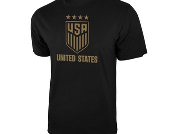 USWNT T-Shirt: U.S. Soccer Federation Logo, Black & Gold (Custom Name/Number)