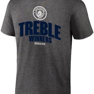 Icon Sports Officially Licensed Manchester City 2023 Treble Winners Adult Champions T-Shirts Grey Name and Number