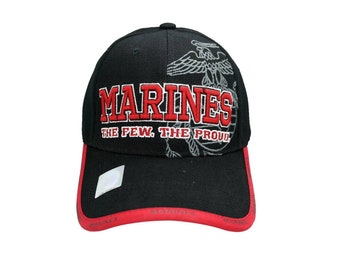 May include: Black baseball cap with a red brim and a gray embroidered design of an eagle and globe with the words "MARINES THE FEW. THE PROUD."
