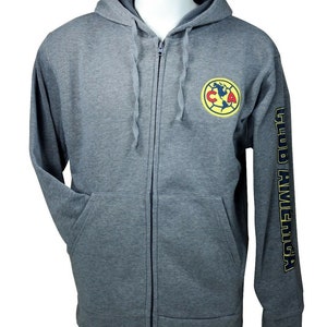 Club America Zipper Front Fleece Jacket Sweatshirt Official License Soccer Hood - Gray Custom Name & Number