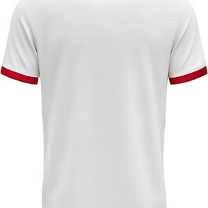 May include: White athletic jersey with a textured pattern. Features a navy blue collar, red sleeve cuffs, and red stitching along the shoulders. The short-sleeved shirt has a classic, sporty design.