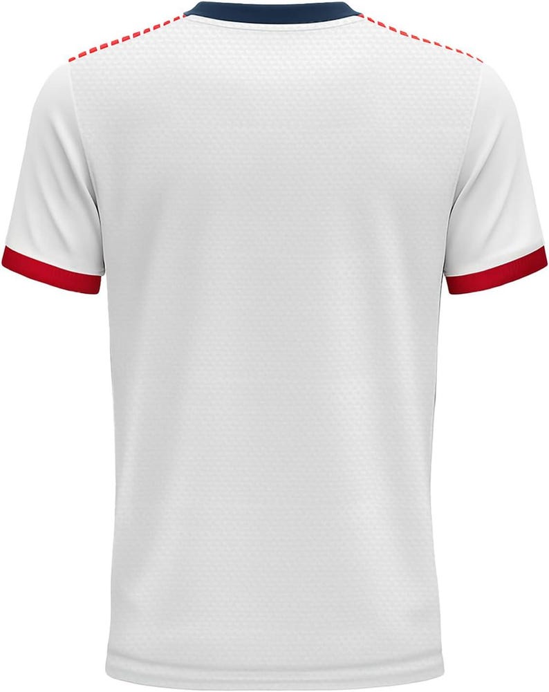 May include: White athletic jersey with a textured pattern. Features a navy blue collar, red sleeve cuffs, and red stitching along the shoulders. The short-sleeved shirt has a classic, sporty design.