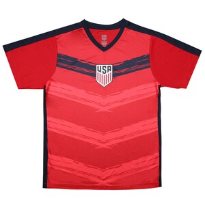 May include: Red soccer jersey with blue and white USA logo and black accents. The jersey has a V-neck and short sleeves.