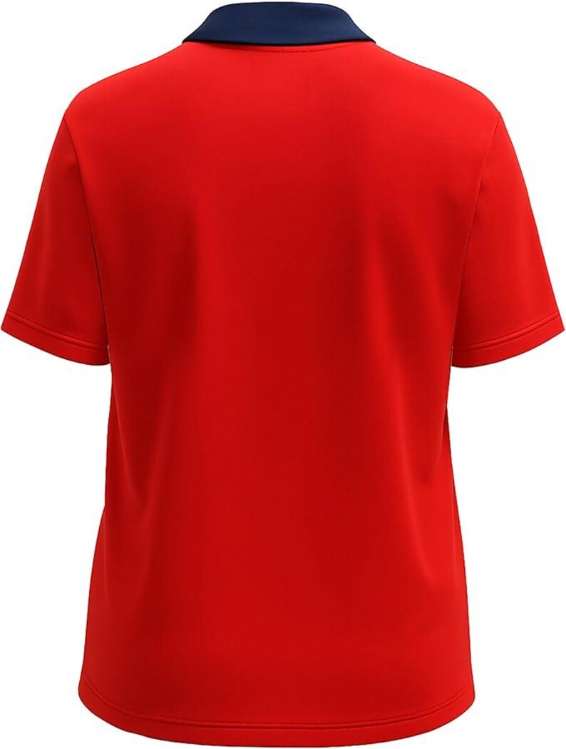Puede incluir: Un polo rojo con mangas cortas y cuello azul marino. Se muestra la vista trasera de la camisa, destacando el dise&ntilde;o de color liso. La camisa est&aacute; hecha de una tela suave, probablemente sint&eacute;tica.