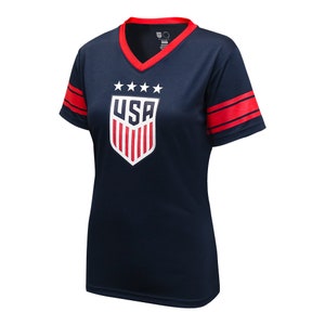 Add Your Name and Number 2023 U.S. Soccer USWNT Ladies Champion 4 STARS Game Women Poly T-Shirt - Women&#39;s Soccer  World Cup - Navy Color