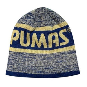 May include: A blue and gold knit beanie with the word "PUMAS" in gold lettering.