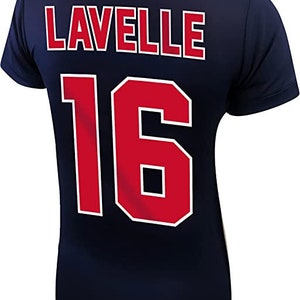 May include: A navy blue t-shirt with the name "LAVELLE" and the number "16" printed on the back in red with white outlines.