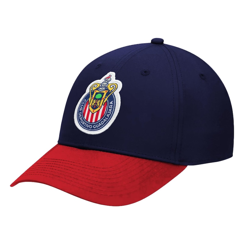 May include: A navy blue baseball cap with a red brim. The cap features a circular patch with the words "Club Deportivo Guadalajara" and a team emblem. The hat is a classic six-panel design.