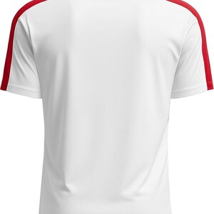 May include: White short-sleeved athletic shirt with red accents. The shirt features red stripes along the shoulders and neckline. The back of the shirt is visible, showcasing the simple design and athletic cut.