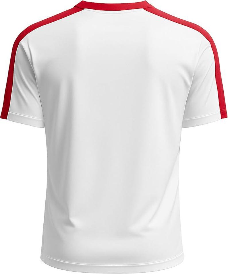 May include: White short-sleeved athletic shirt with red accents. The shirt features red stripes along the shoulders and neckline. The back of the shirt is visible, showcasing the simple design and athletic cut.